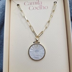 NWT Camila Coelho Mother Of Pearl Reversable Gold Chain Pendant